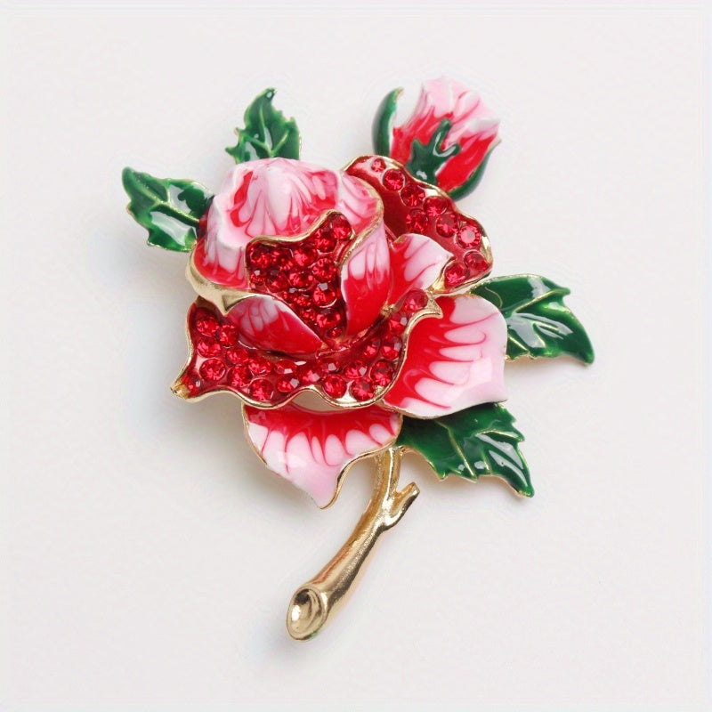 Red Rhinestone Rose Brooch Floral Design Elegant Jewelry for Women