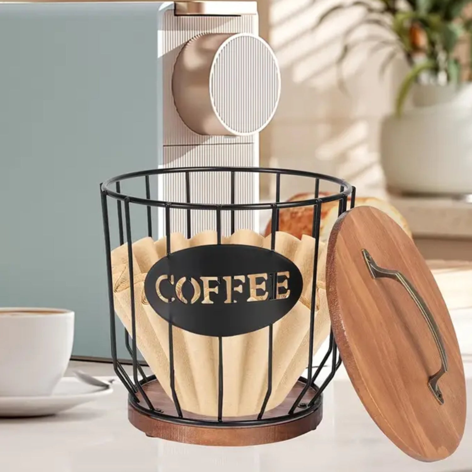 Rustic Wooden Coffee Filter Holder with Lid Acacia Square Dispenser Storage