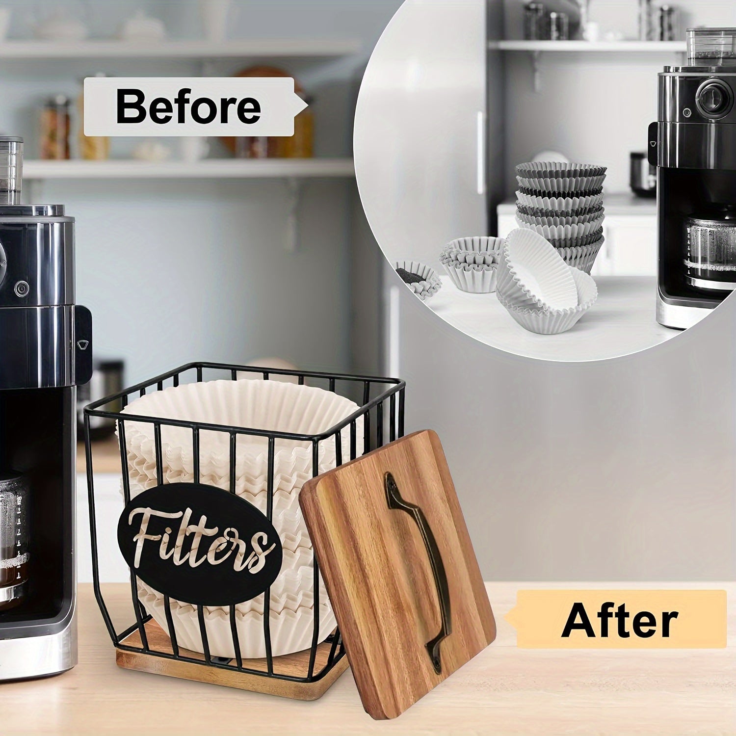 Rustic Wooden Coffee Filter Holder with Lid Acacia Square Dispenser Storage