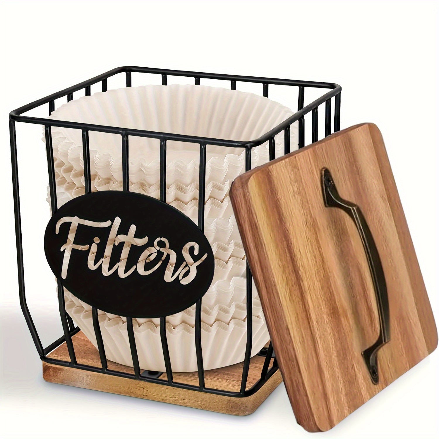 Rustic Wooden Coffee Filter Holder with Lid Acacia Square Dispenser Storage