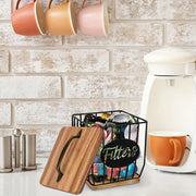 Rustic Wooden Coffee Filter Holder with Lid Acacia Square Dispenser Storage
