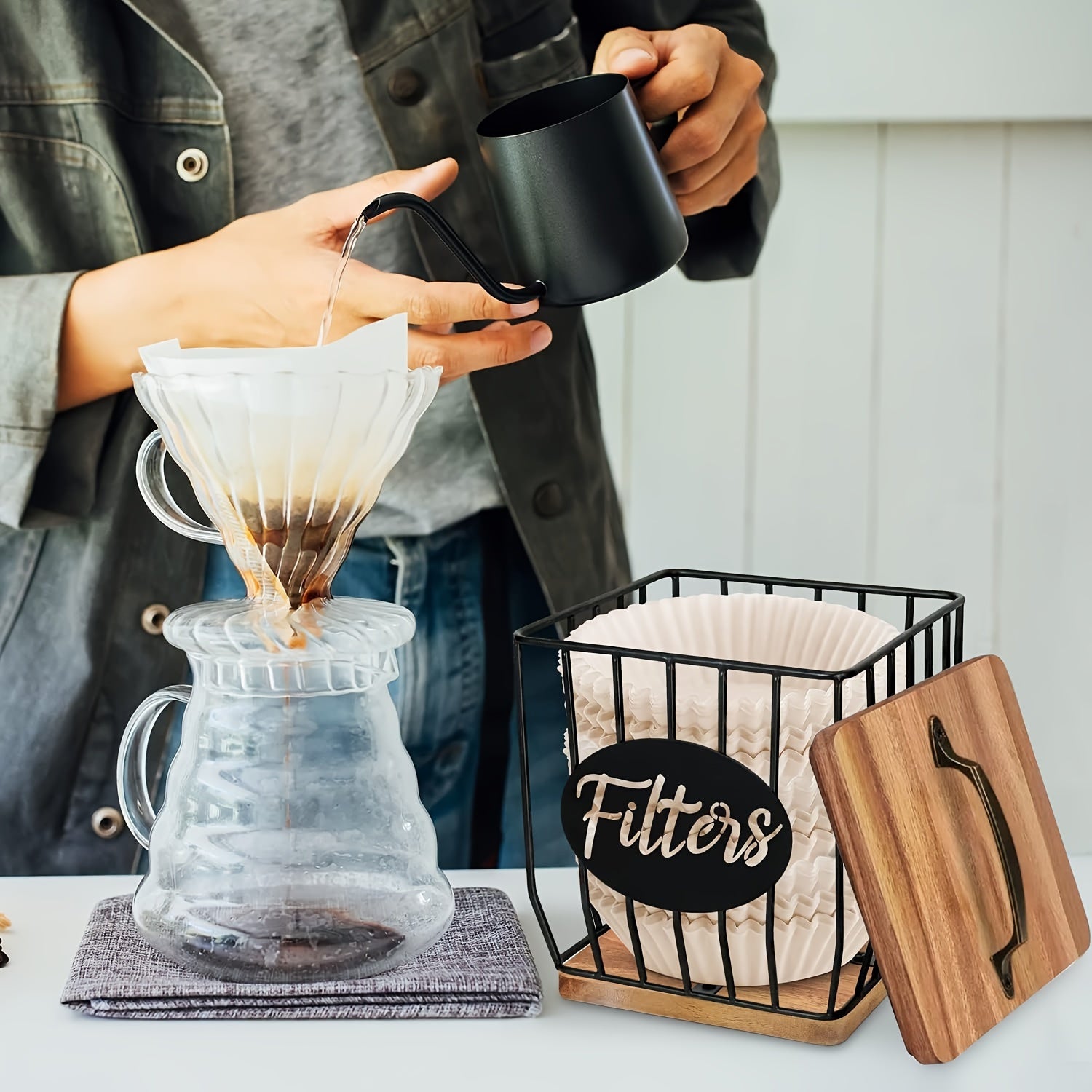 Rustic Wooden Coffee Filter Holder with Lid Acacia Square Dispenser Storage