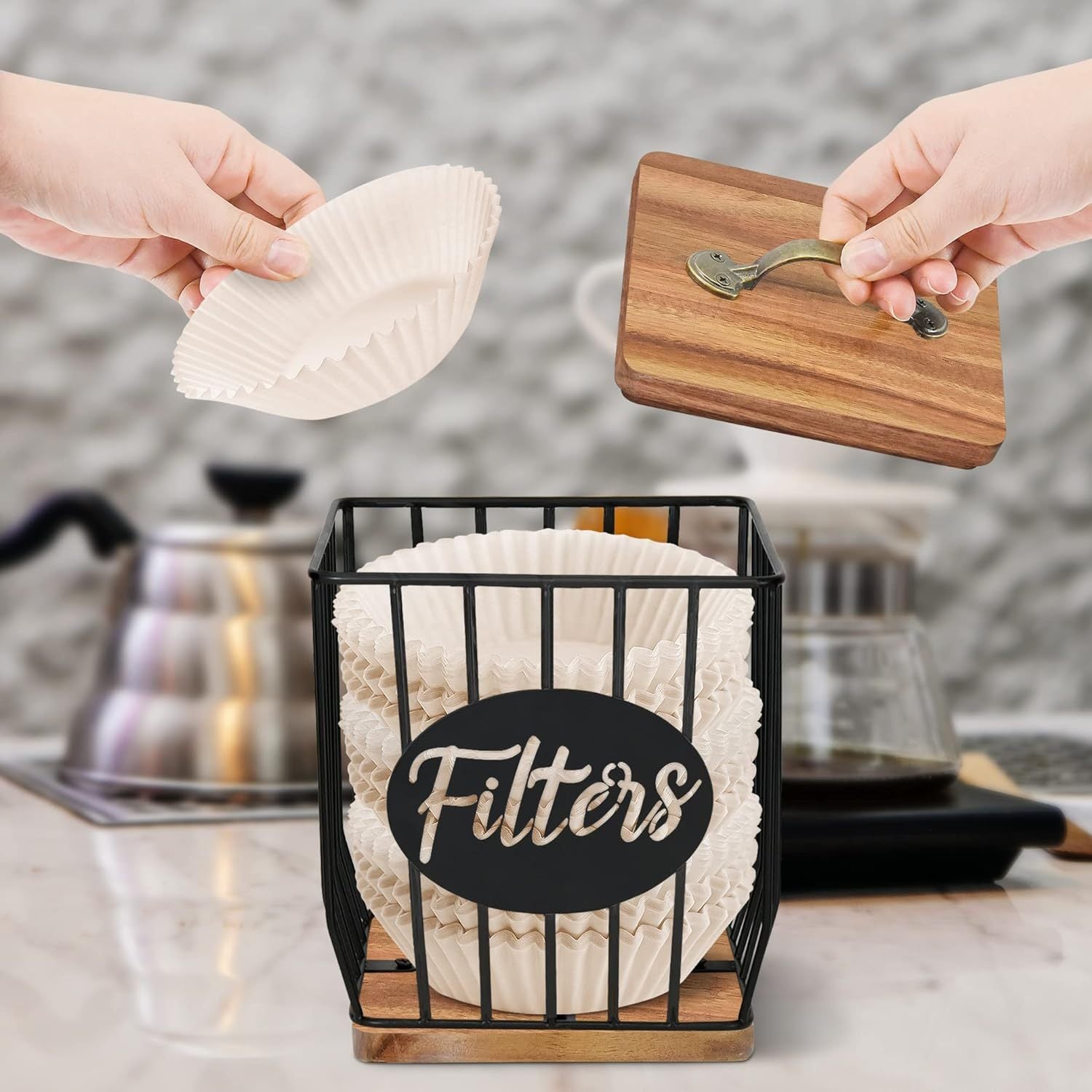 Rustic Wooden Coffee Filter Holder with Lid Acacia Square Dispenser Storage