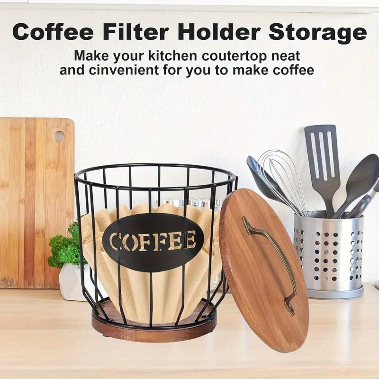 Rustic Wooden Coffee Filter Holder with Lid Acacia Square Dispenser Storage