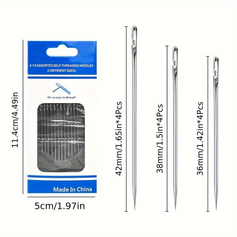 Self-Threading Hand Sewing Needles Set with Assorted Sizes and Side Opening in Wooden Storage Tube