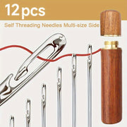 Self-Threading Hand Sewing Needles Set with Assorted Sizes and Side Opening in Wooden Storage Tube