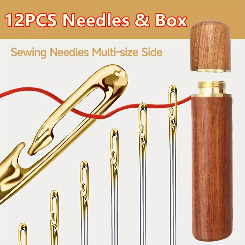 Self-Threading Hand Sewing Needles Set with Assorted Sizes and Side Opening in Wooden Storage Tube