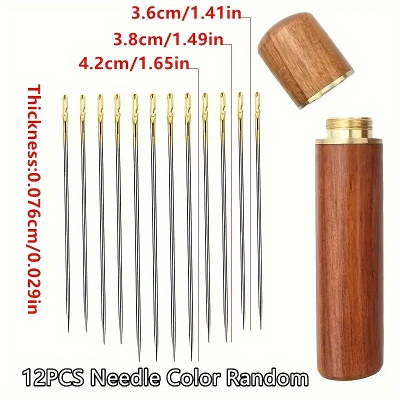 Self-Threading Hand Sewing Needles Set with Assorted Sizes and Side Opening in Wooden Storage Tube