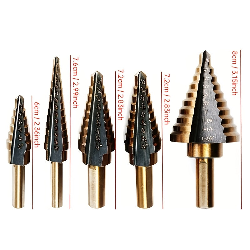5pc Cobalt Step Drill Bit Set for Metal and Wood Drilling with Aluminum Case