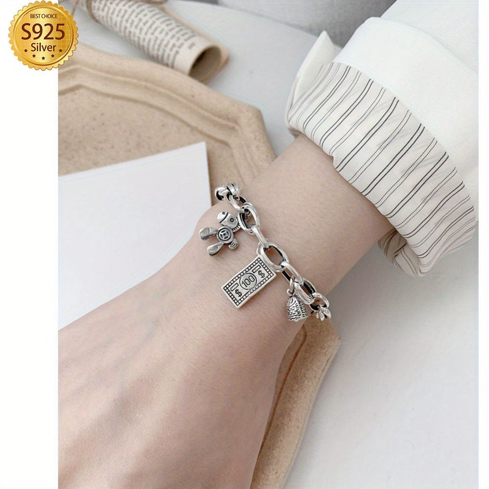 Pulsera de plata de ley con charms de caballo y moneda para mujeres