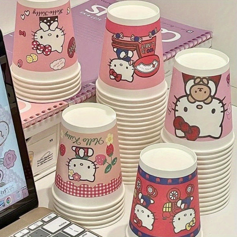 Set of 50 Pink Cartoon Pattern Paper Cups for Parties Picnics Camping and Home Use