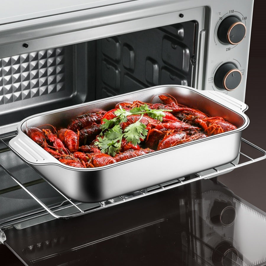 BAIJL Stainless Steel Baking Tray & Broiler Pan: Induksiyaga mos keladigan, teng pishirish uchun chuqur idish dizayni. Pech va gaz plitasiga mos, bardoshli va oson tozalanadigan. Grill qilish uchun zarur bo'lgan mahsulotlar, chiroyli dizaynda