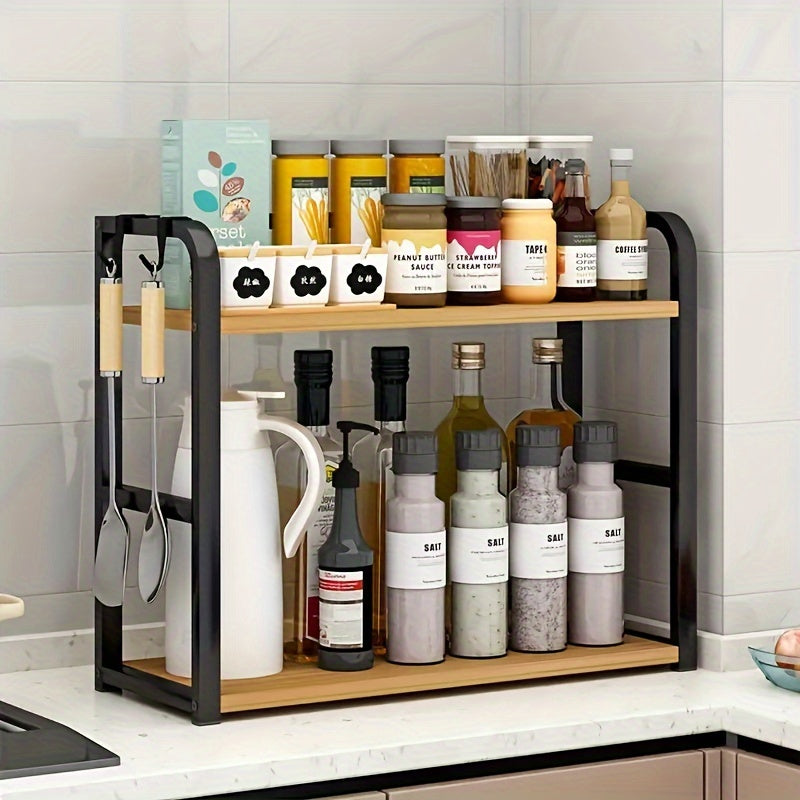 Multifunctional Kitchen Storage Rack Organizer with Wood and Metal Shelves