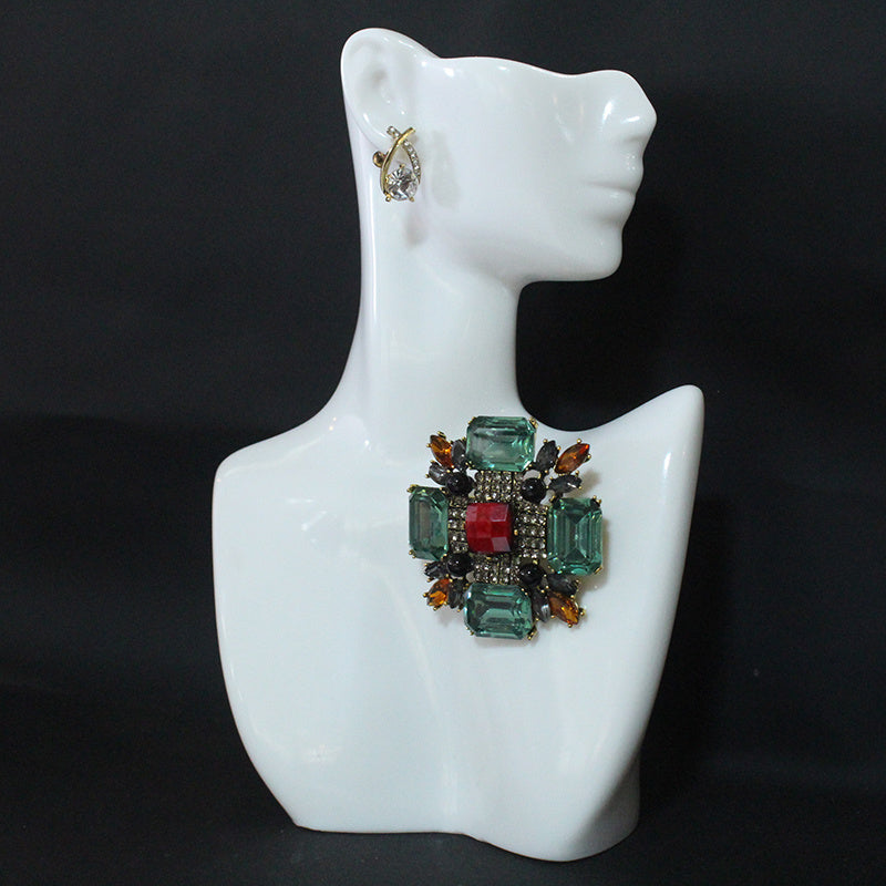 Vintage European American Rhinestone Square Brooch Alloy Glass Elegant Coat Jacket Accessory