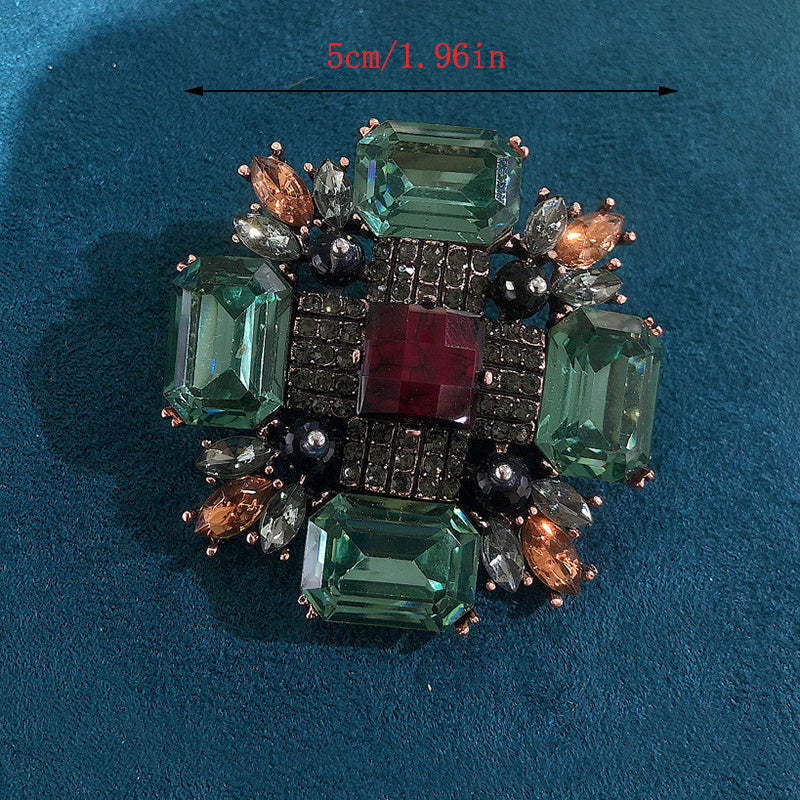 Vintage European American Rhinestone Square Brooch Alloy Glass Elegant Coat Jacket Accessory