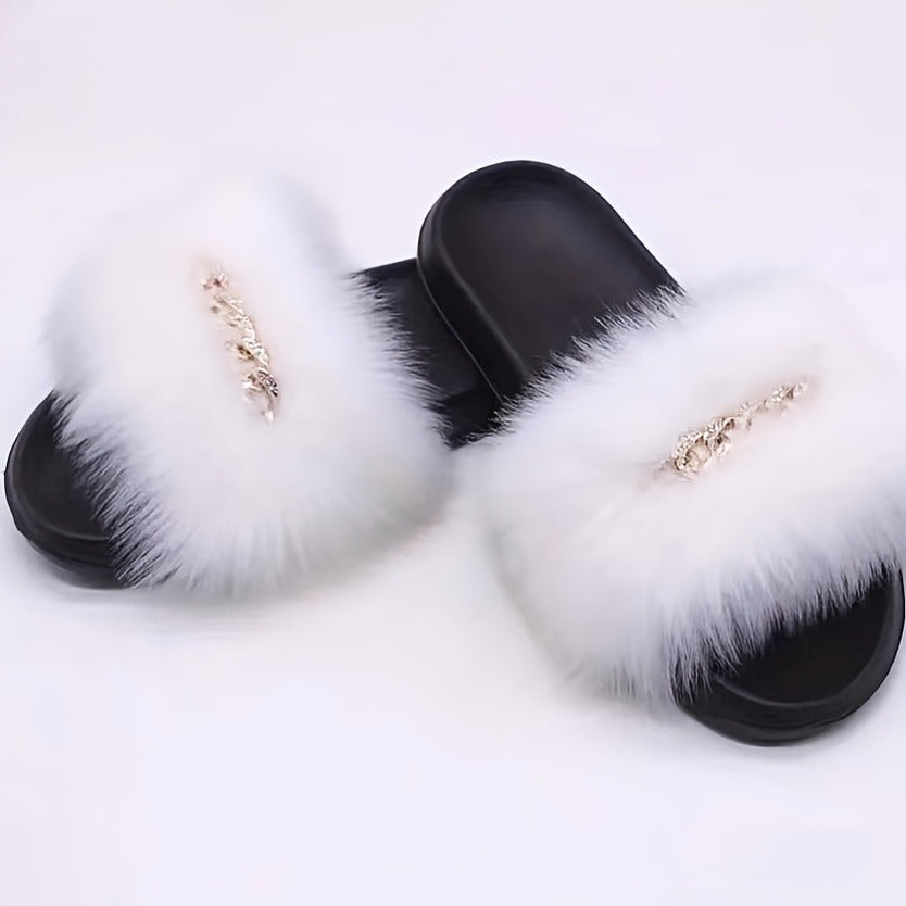 Women's Rhinestone Chain Flat Sandals Faux Fur Summer Casual Slides