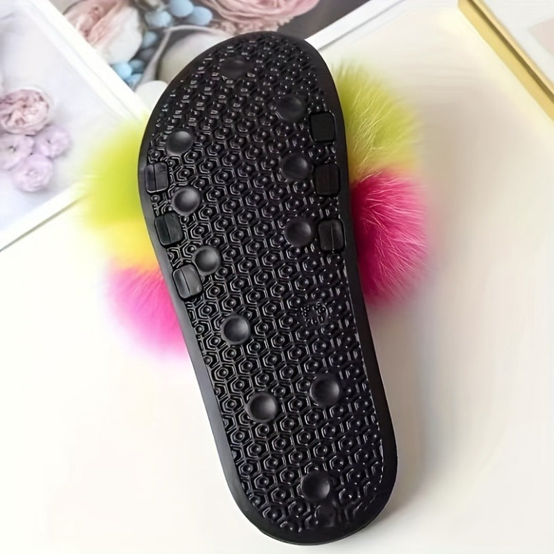 Women's Rhinestone Chain Flat Sandals Faux Fur Summer Casual Slides