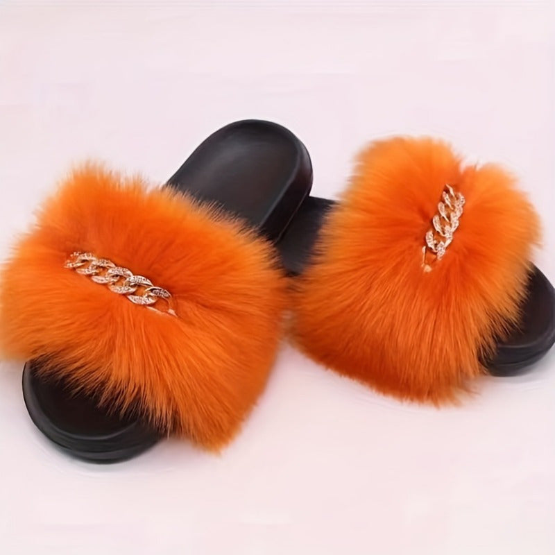 Women's Rhinestone Chain Flat Sandals Faux Fur Summer Casual Slides
