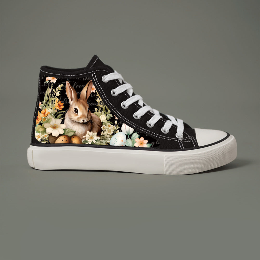 Women High-Top Canvas Sneakers With Bunny Floral Print Casual Skate Shoes Black