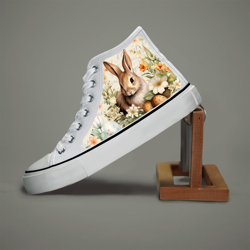 Women High-Top Canvas Sneakers With Bunny Floral Print Casual Skate Shoes Black