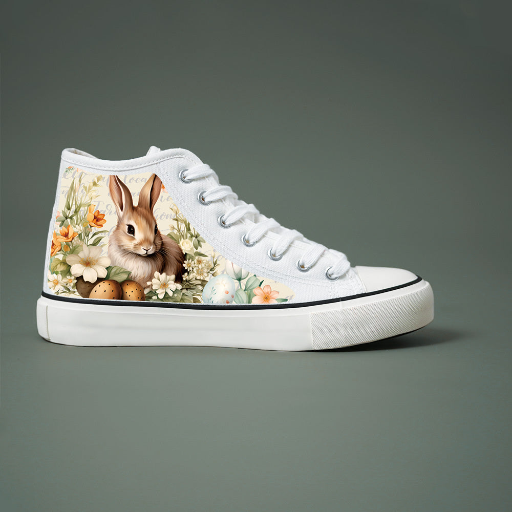Women High-Top Canvas Sneakers With Bunny Floral Print Casual Skate Shoes Black