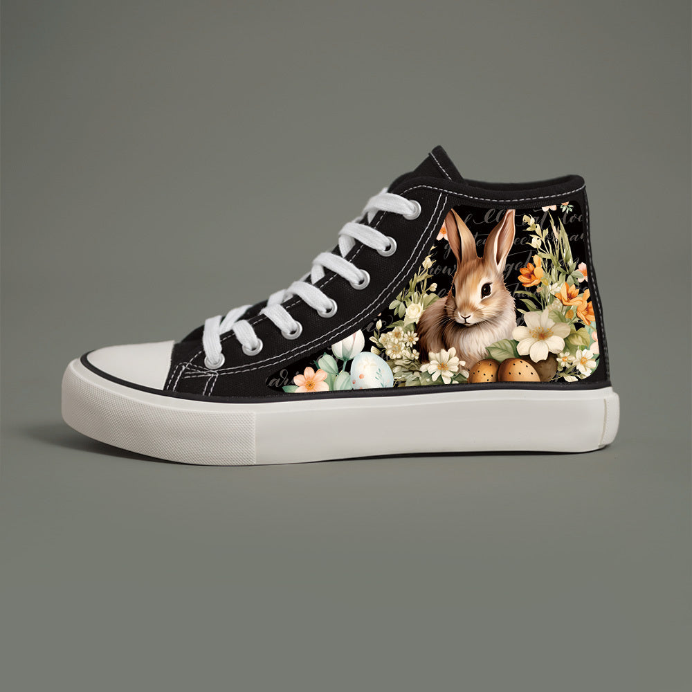 Women High-Top Canvas Sneakers With Bunny Floral Print Casual Skate Shoes Black