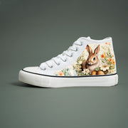 Women High-Top Canvas Sneakers With Bunny Floral Print Casual Skate Shoes Black