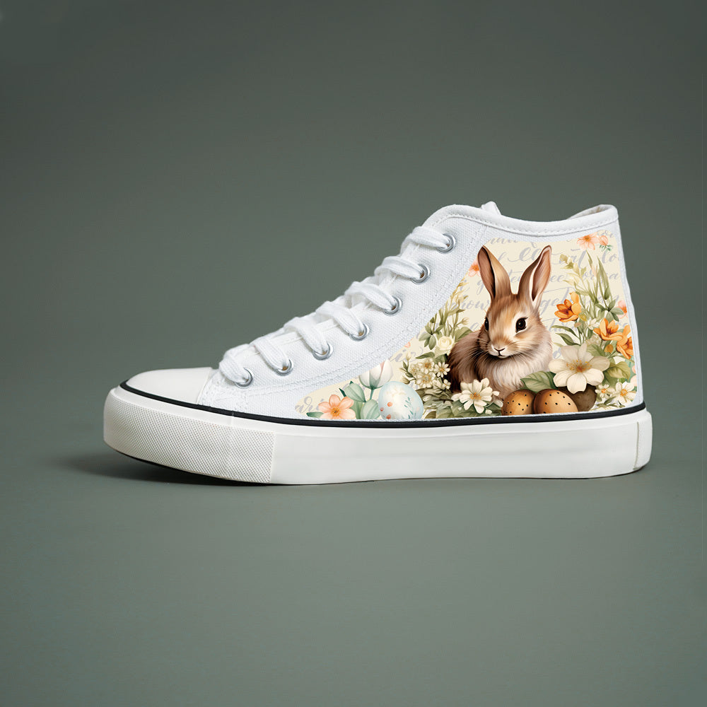 Women High-Top Canvas Sneakers With Bunny Floral Print Casual Skate Shoes Black