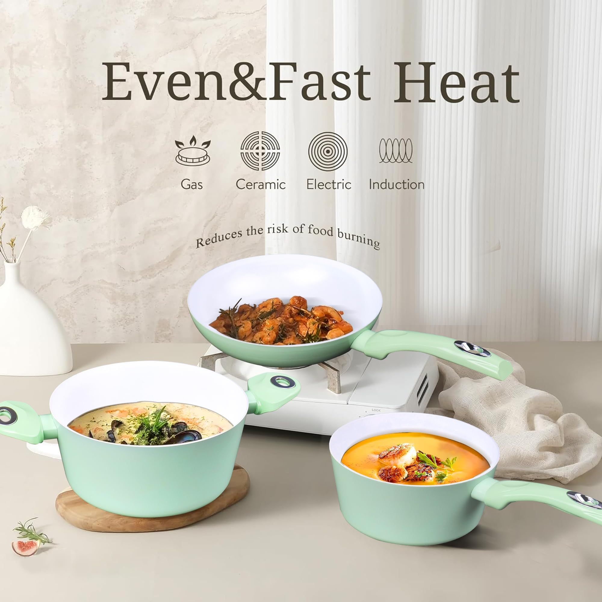 Set of 7 Non-Stick Ceramic Cookware PFOA-Free Aluminum Gas Induction