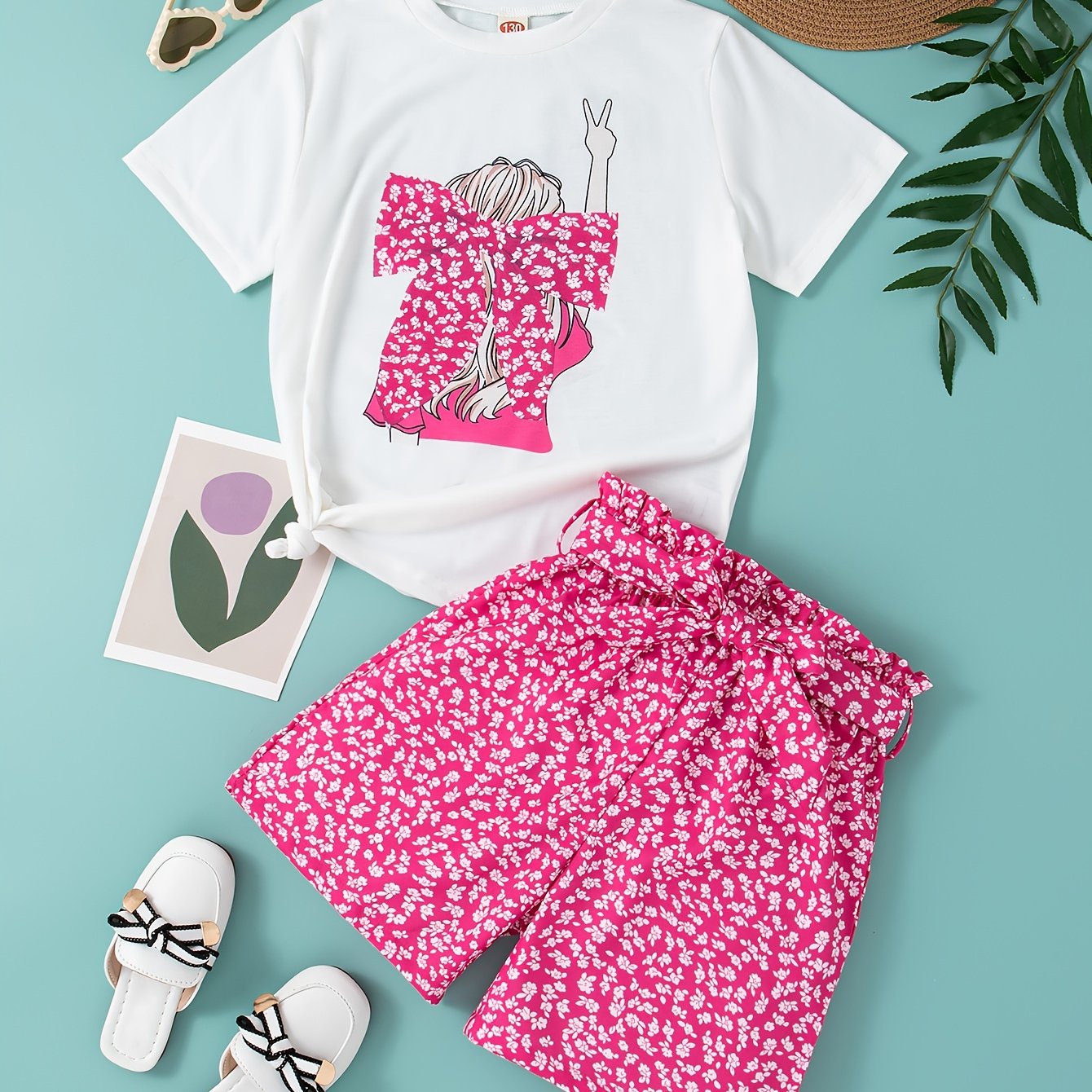 Girls Summer Outfit Set with Floral Shorts and Crew Neck Short Sleeve Top