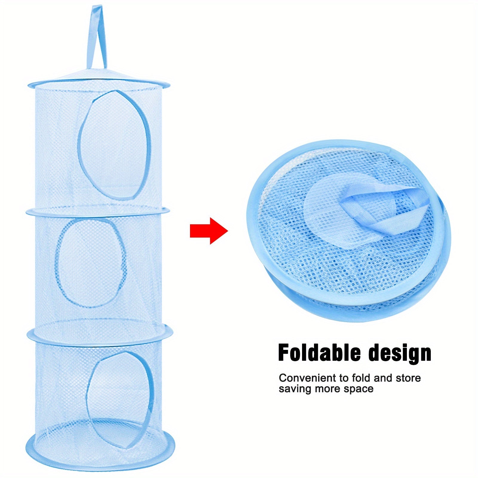 Mesh saqlash savati, osib turadigan kiyimlar va o'yinchoqlar uchun 3-qavatli yig'iladigan dizayn bilan