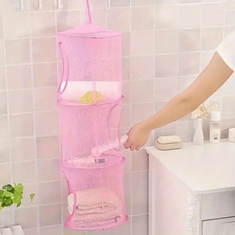 Mesh saqlash savati, osib turadigan kiyimlar va o'yinchoqlar uchun 3-qavatli yig'iladigan dizayn bilan