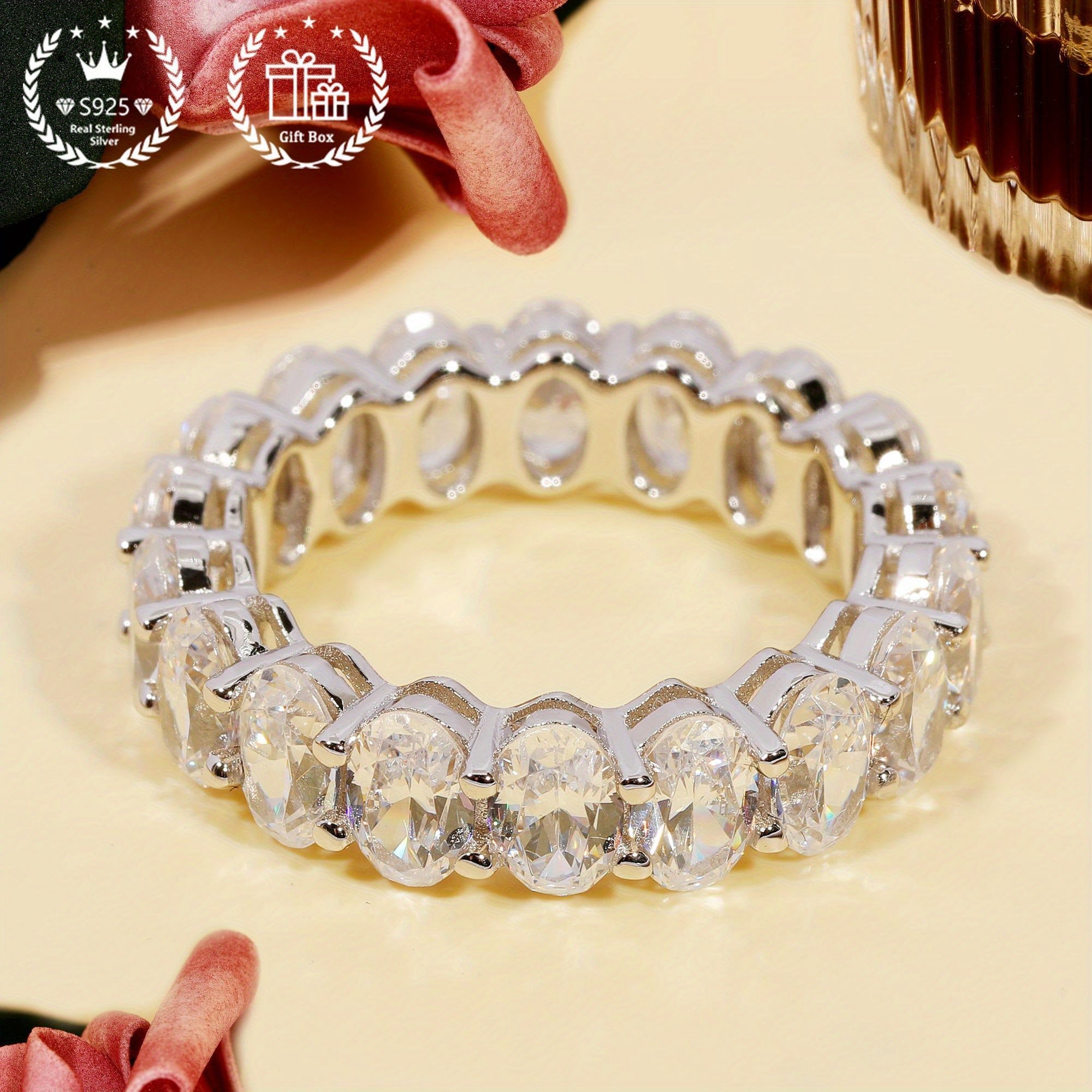 Minimalist Jewelry 1PC Cubic Zirconia Inlaid 925 Silver Band Engagement Wedding Promise Ring for Him or Her