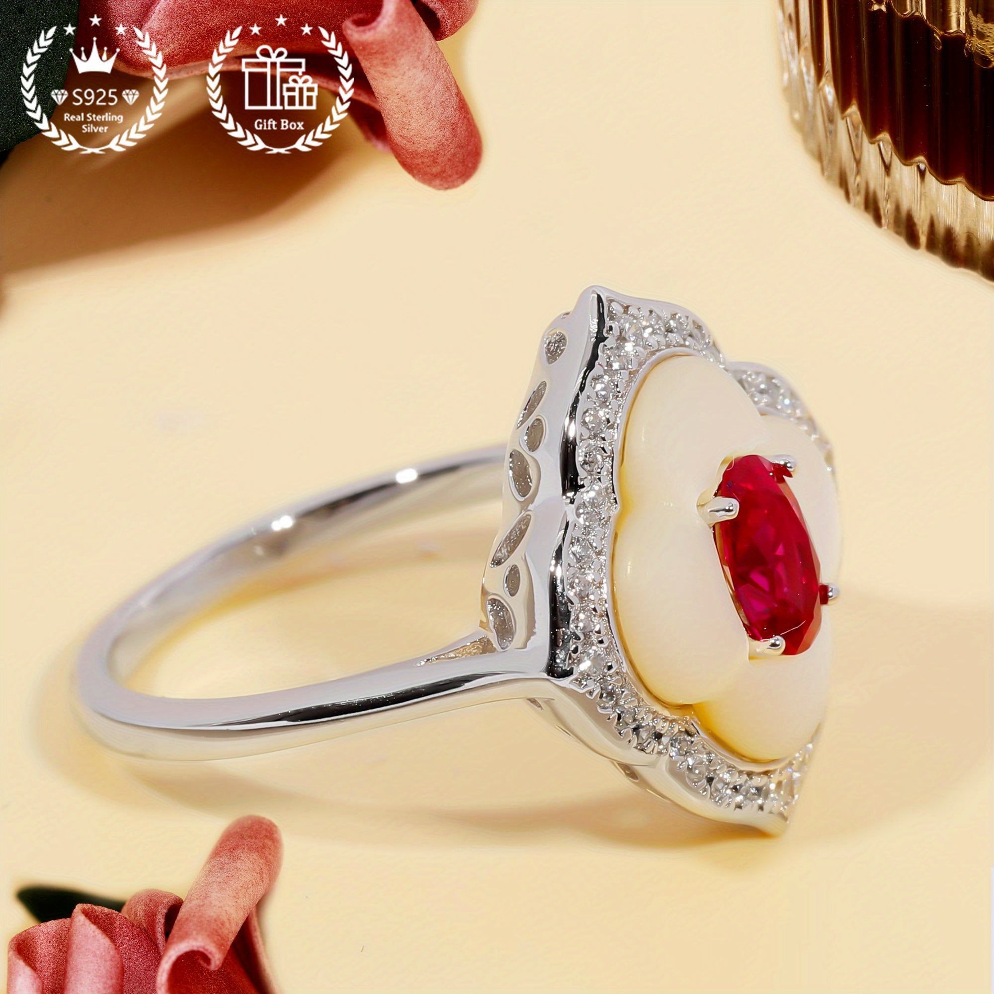 Red Gemstone Cubic Zirconia Floral Engagement Ring for Her Size 8