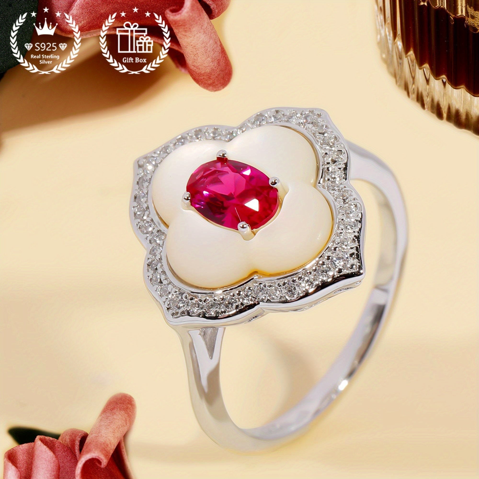 Red Gemstone Cubic Zirconia Floral Engagement Ring for Her Size 8