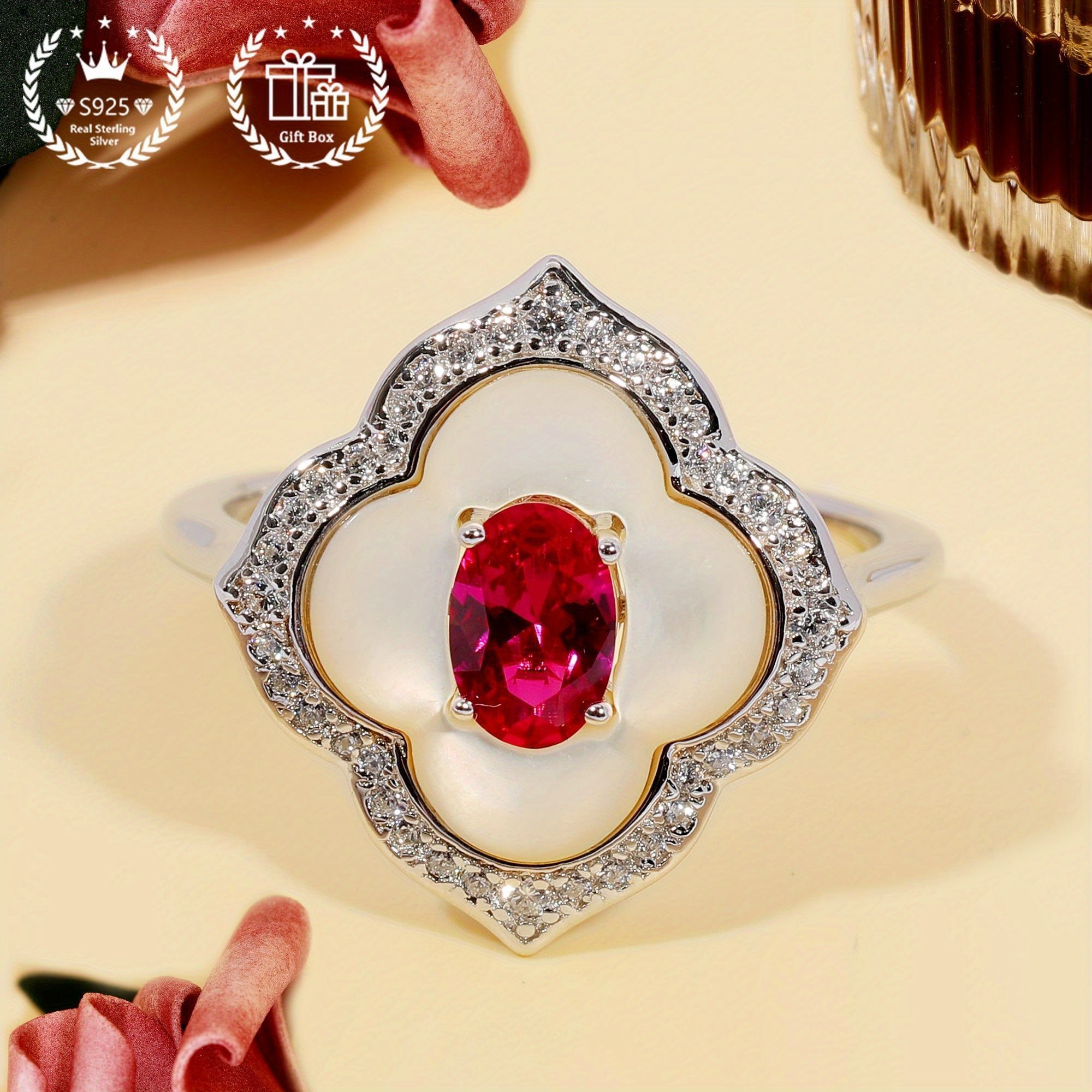 Red Gemstone Cubic Zirconia Floral Engagement Ring for Her Size 8