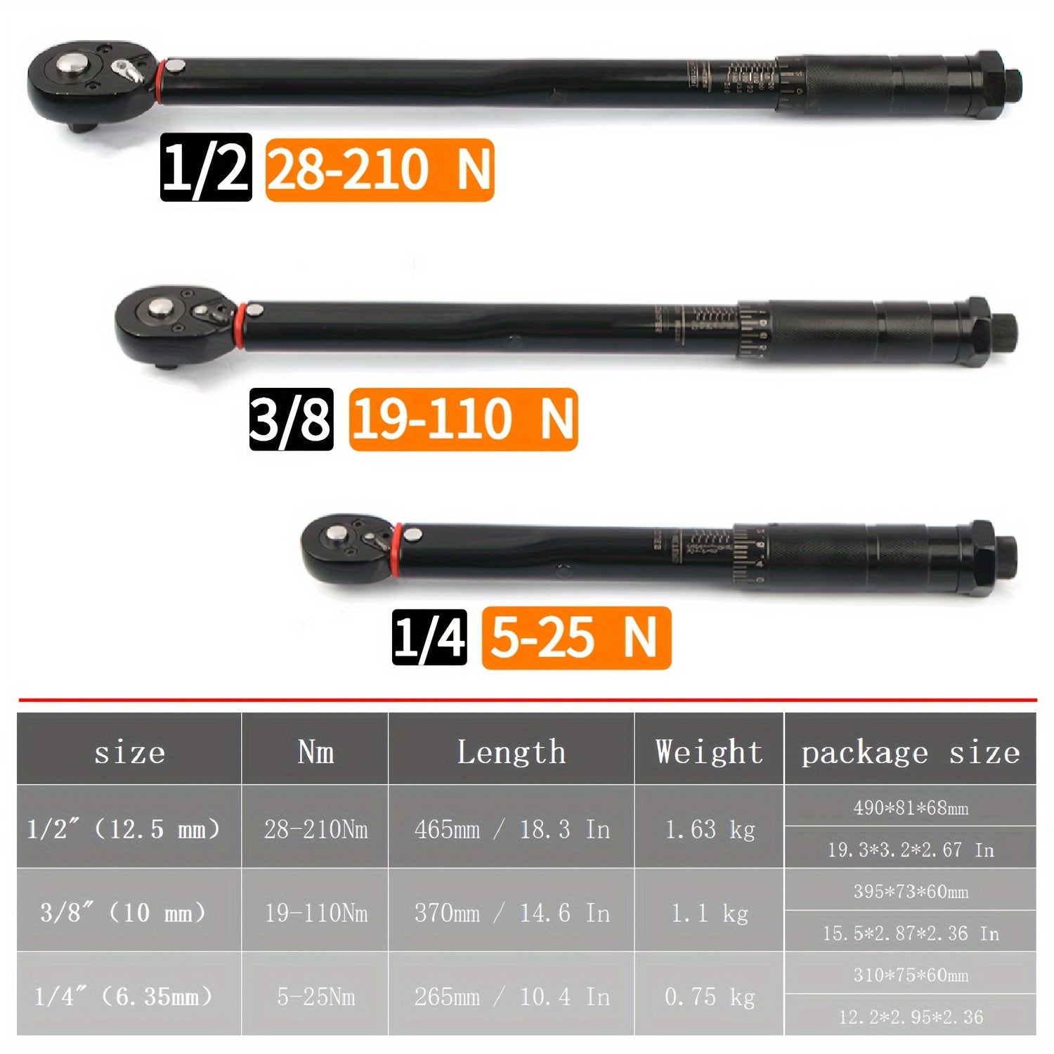 Черный торцевой ключ с усилием 3/8 дюйма 5-210 Нм, привод 1/2 дюйма, для автомобильного ремонта