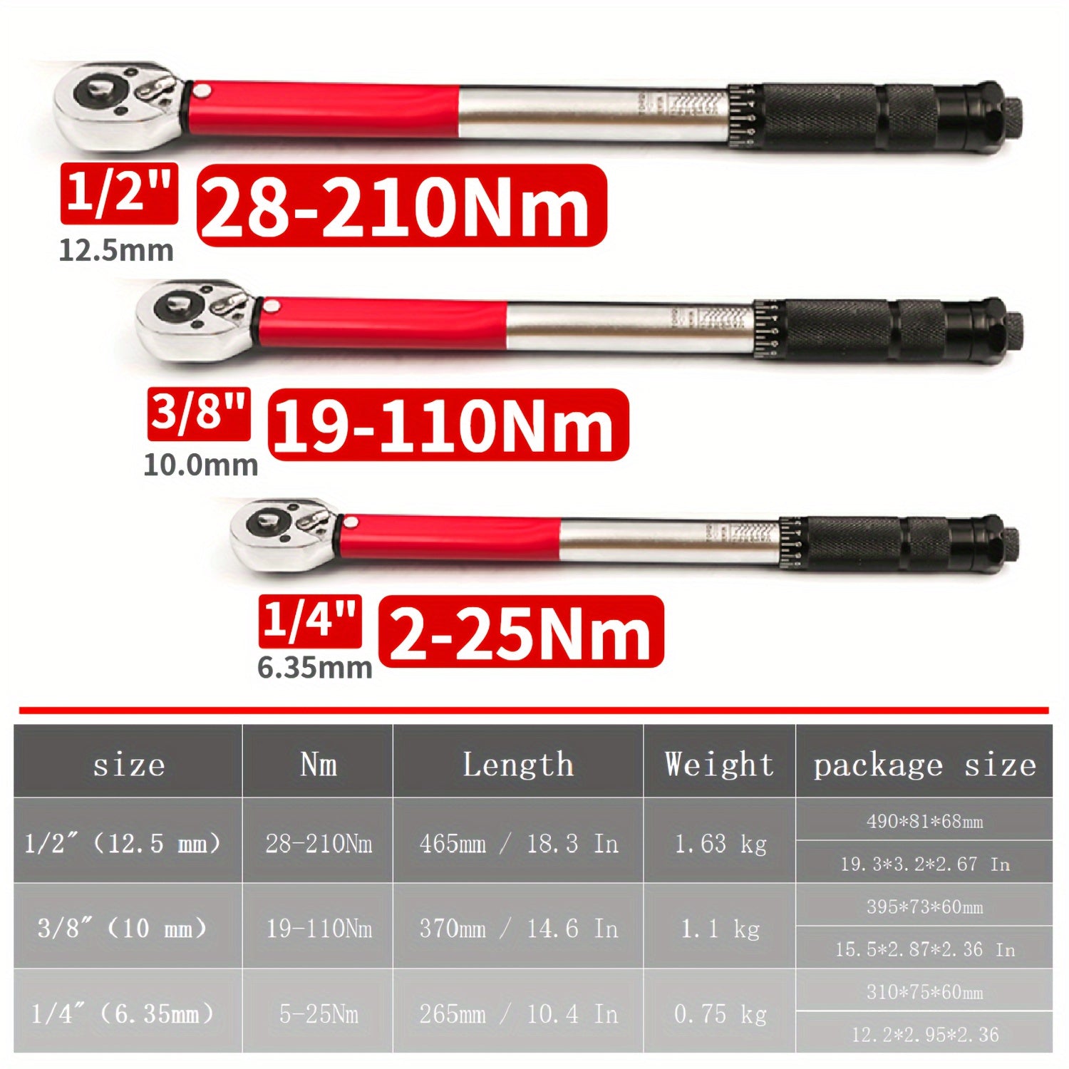 Torque Wrench 3/8 Inch Click Automotive Repair Tool 5-210Nm Red