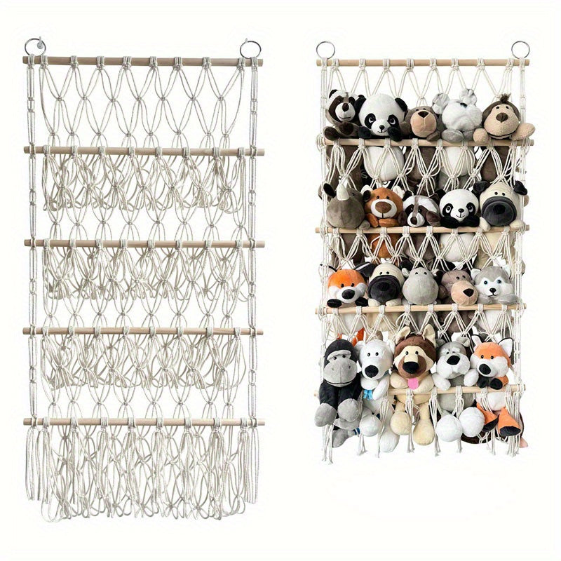 Bohemian Macrame Hanging Storage Organizer with Wooden Rods and Toy Hammock Basket