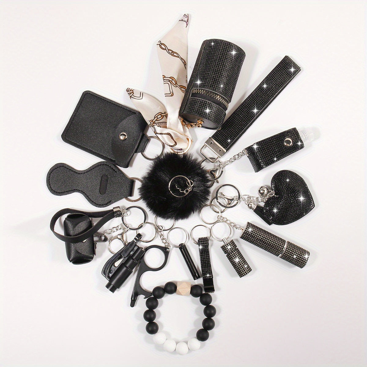 Set of 15 Rhinestone Safety Keychains with Wristlet, Pouch, Pom Pom Card Holder and Accessories
