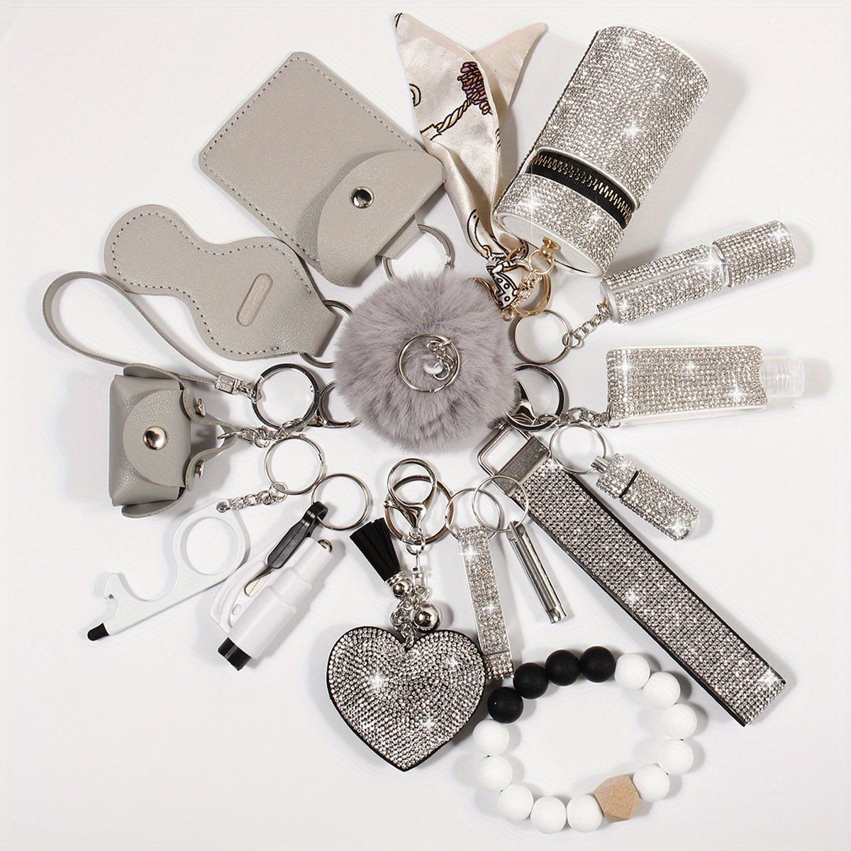 Set of 15 Rhinestone Safety Keychains with Wristlet, Pouch, Pom Pom Card Holder and Accessories