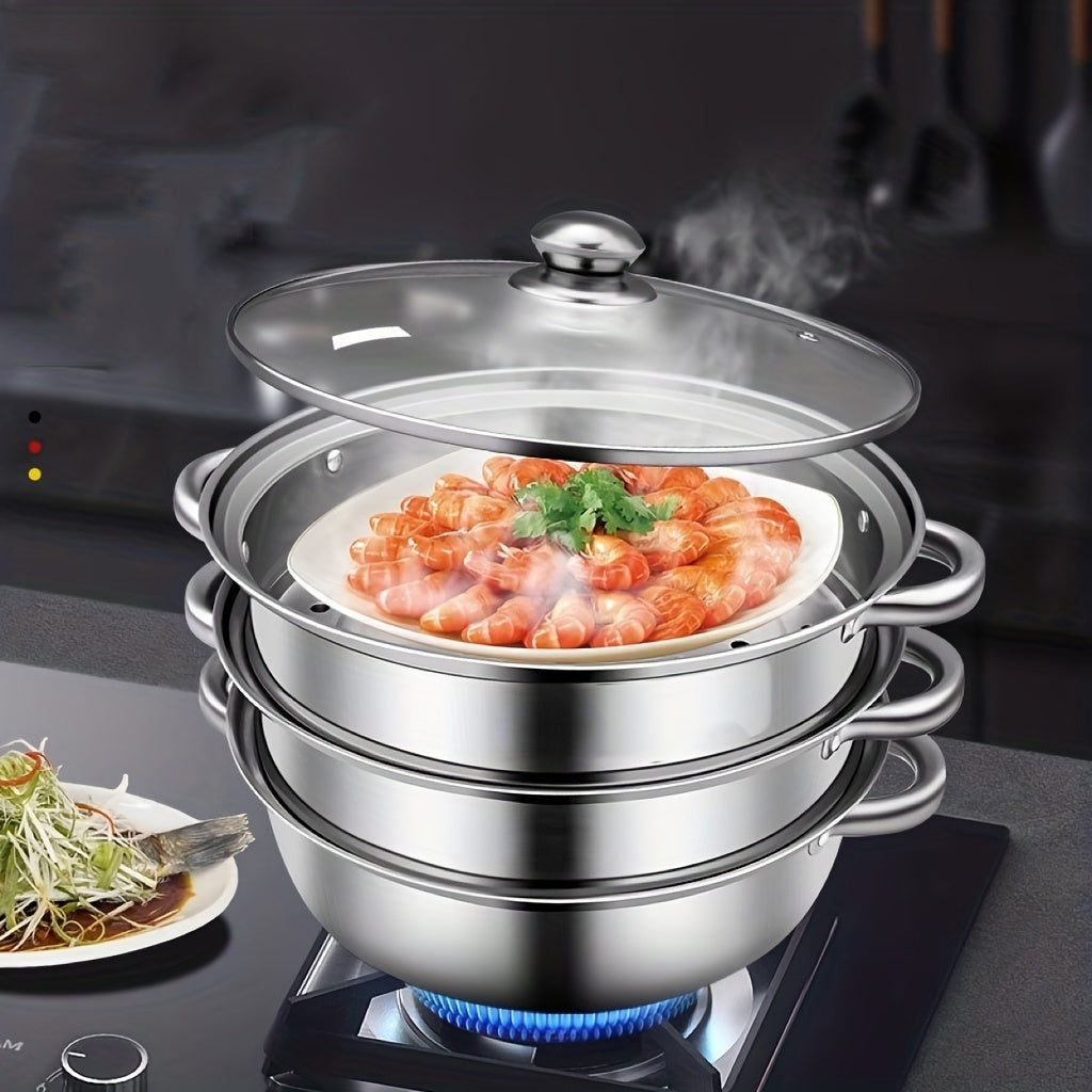 Stainless Steel Double-Layer Steamer Set with Glass Lid Large Heavy-Duty