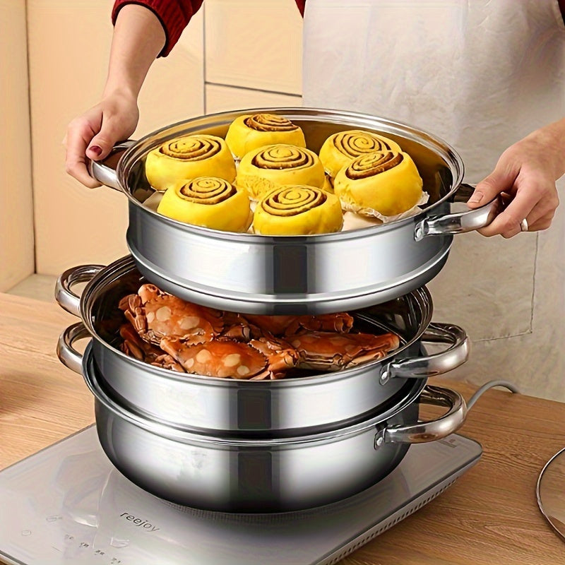 Stainless Steel Double-Layer Steamer Set with Glass Lid Large Heavy-Duty
