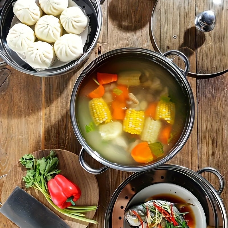 Stainless Steel Double-Layer Steamer Set with Glass Lid Large Heavy-Duty