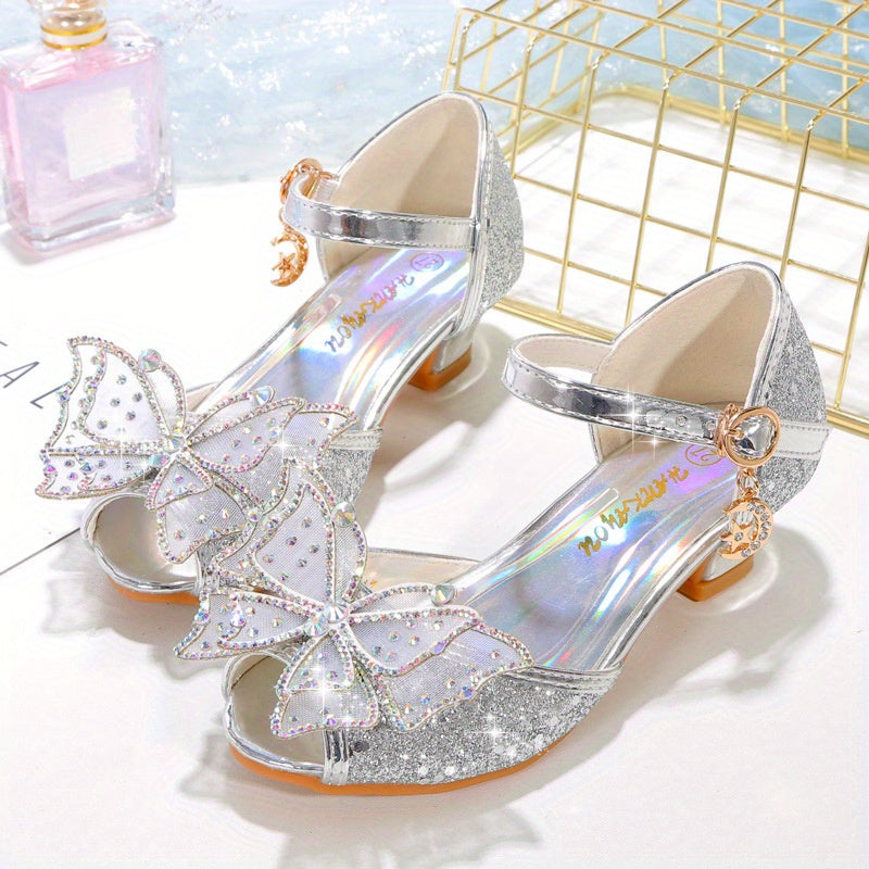 Girls Summer Sequin Butterfly High Heels Rubber Sole for Casual Wear