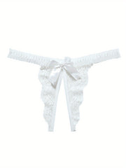 Women's Crotchless Lace Thongs with Bow Decor and Jacquard Fabric