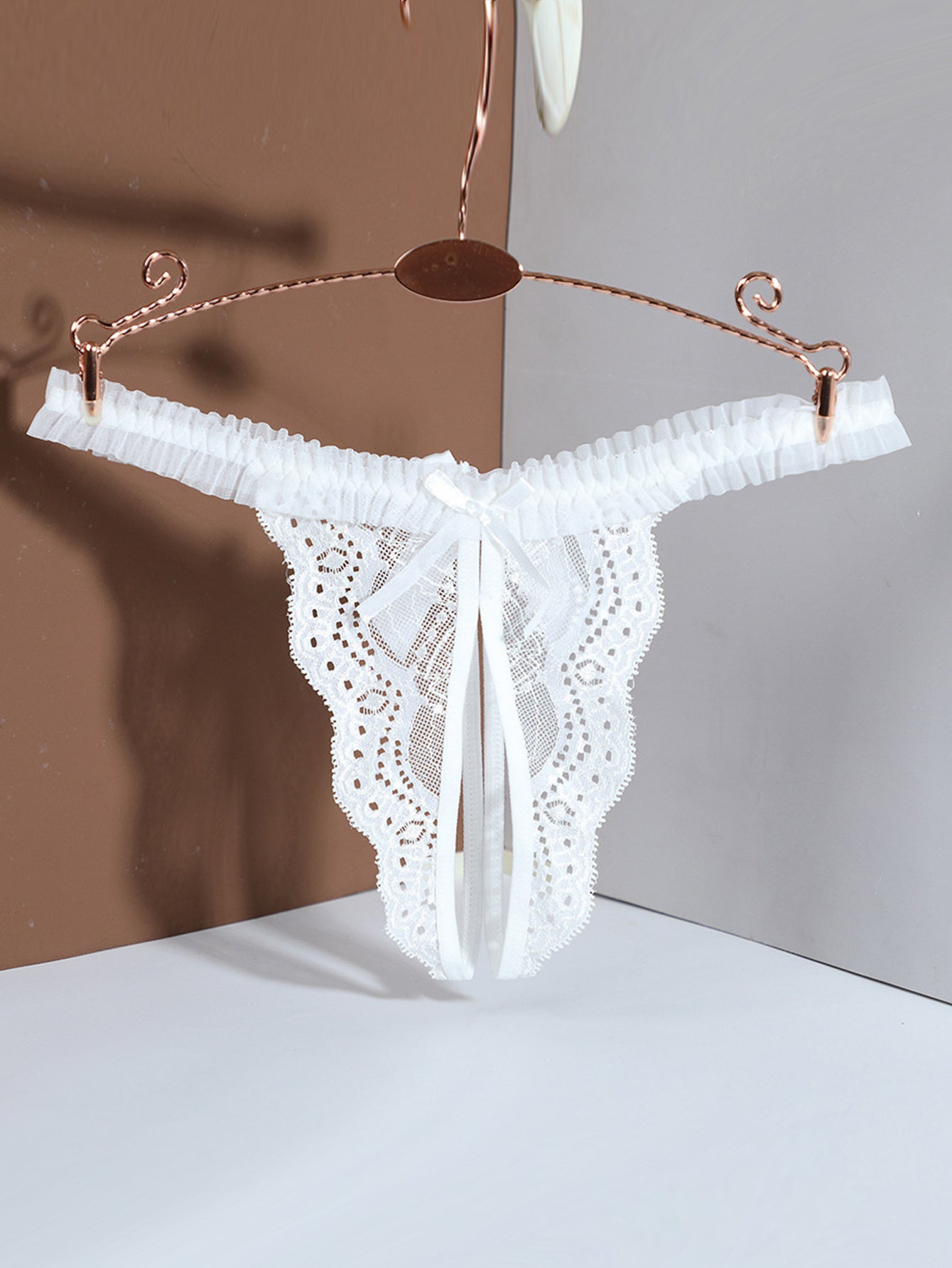 Women's Crotchless Lace Thongs with Bow Decor and Jacquard Fabric