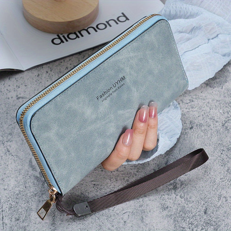Women's Long Wallet with Card Holder Phone Pocket and Wrist Strap Made of PU Leather