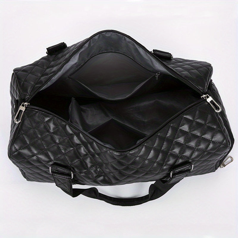Black Quilted Diamond Pattern Duffel Bag with Wet Dry and Shoe Compartments for Travel and Gym