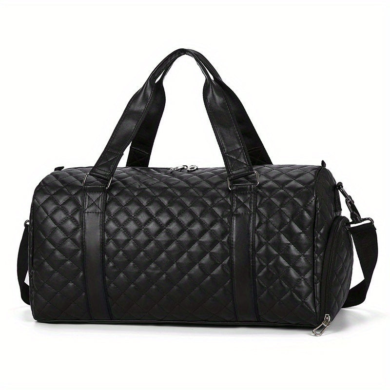 Black Quilted Diamond Pattern Duffel Bag with Wet Dry and Shoe Compartments for Travel and Gym